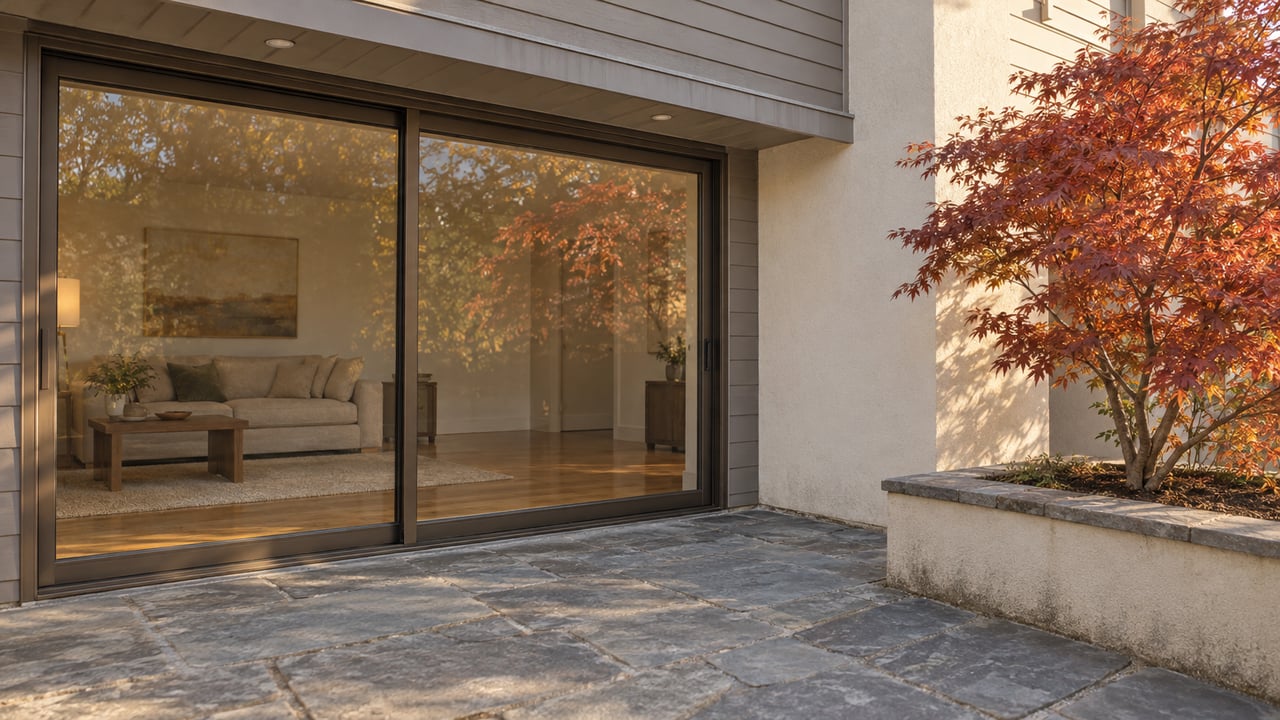 A covered stone terrace beside a renovated home, with closed bronze-framed glass doors and a Japanese maple in a raised stucco planter.