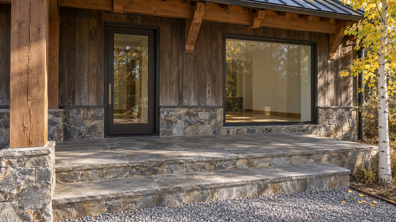 Sunlit timber-and-stone home entry with bronze-framed glazing, broad stone steps, and a yellow-leaved aspen.