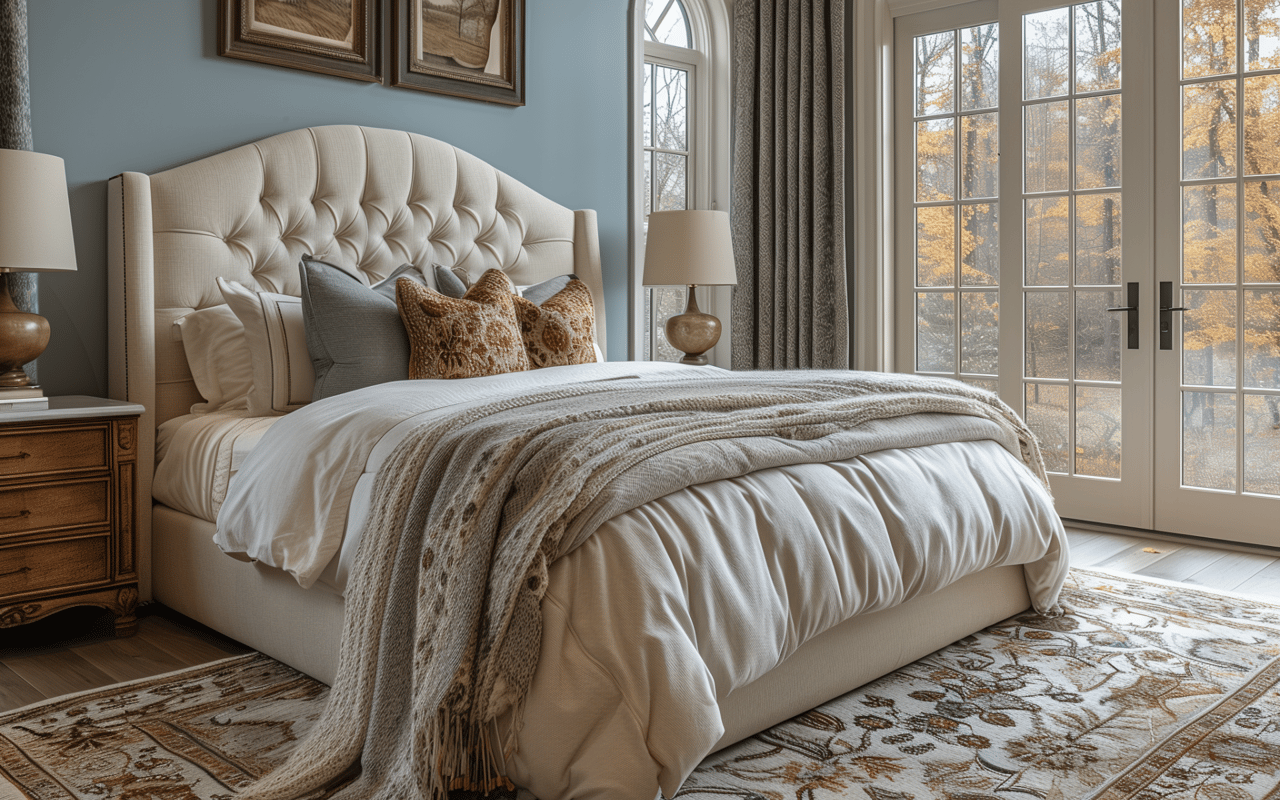 Furnished bedroom with a cream tufted bed and tall glass doors overlooking autumn trees.