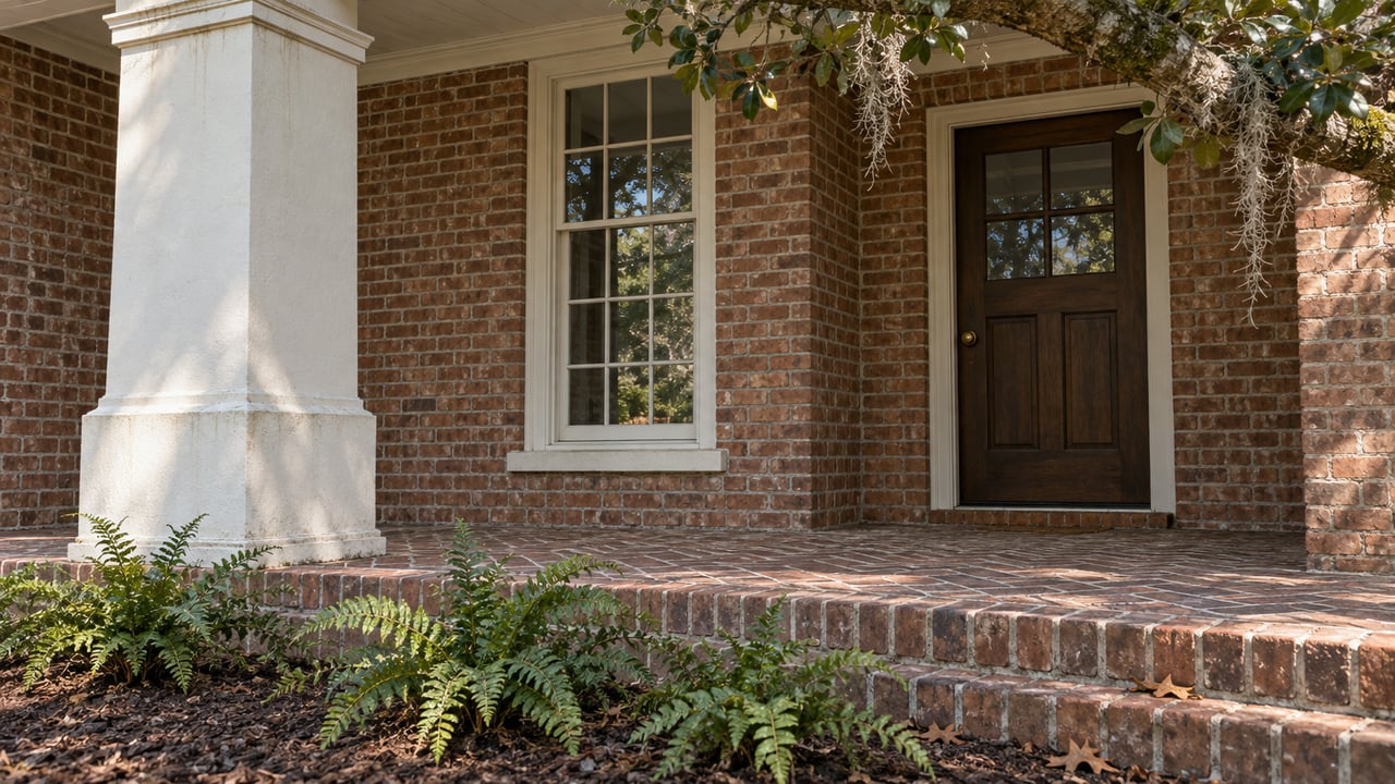 Brick front porch with a white column, dark wood door, and ferns along the steps.