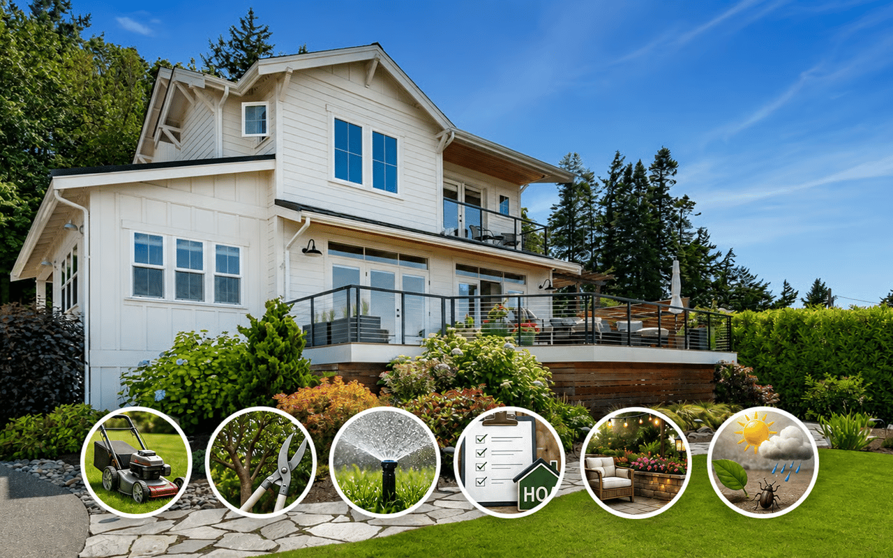 White two-story house with landscaped yard and circular illustrations of lawn care and garden features.