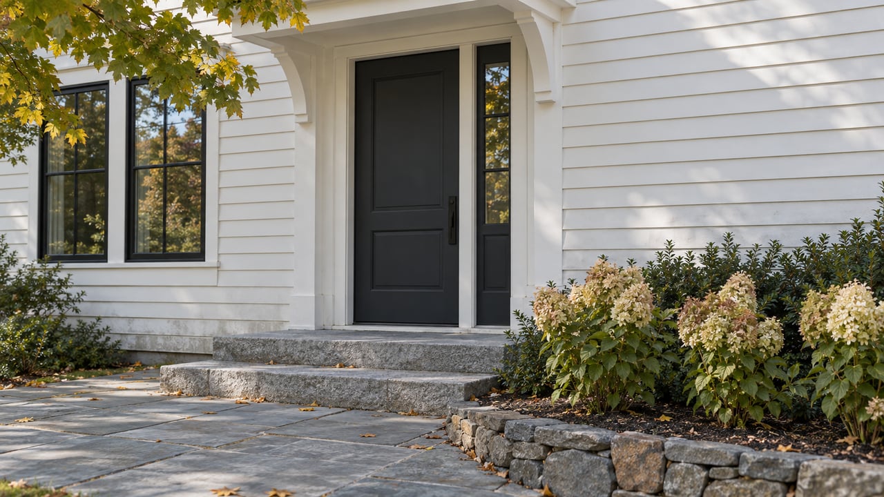 Detached home entry with a charcoal door, granite steps, and hydrangeas beneath a maple canopy.