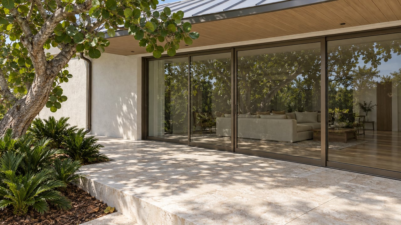A sunlit limestone terrace beside closed bronze-framed glass doors, off-white stucco and a sculptural sea-grape tree.