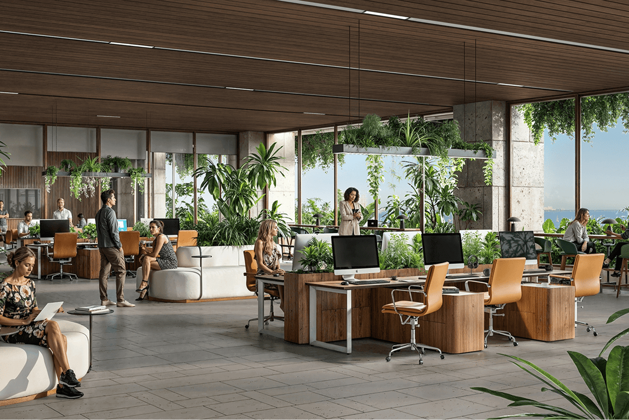 Coworking lounge with wood desks, abundant plants, and expansive windows overlooking a glimpse of water.