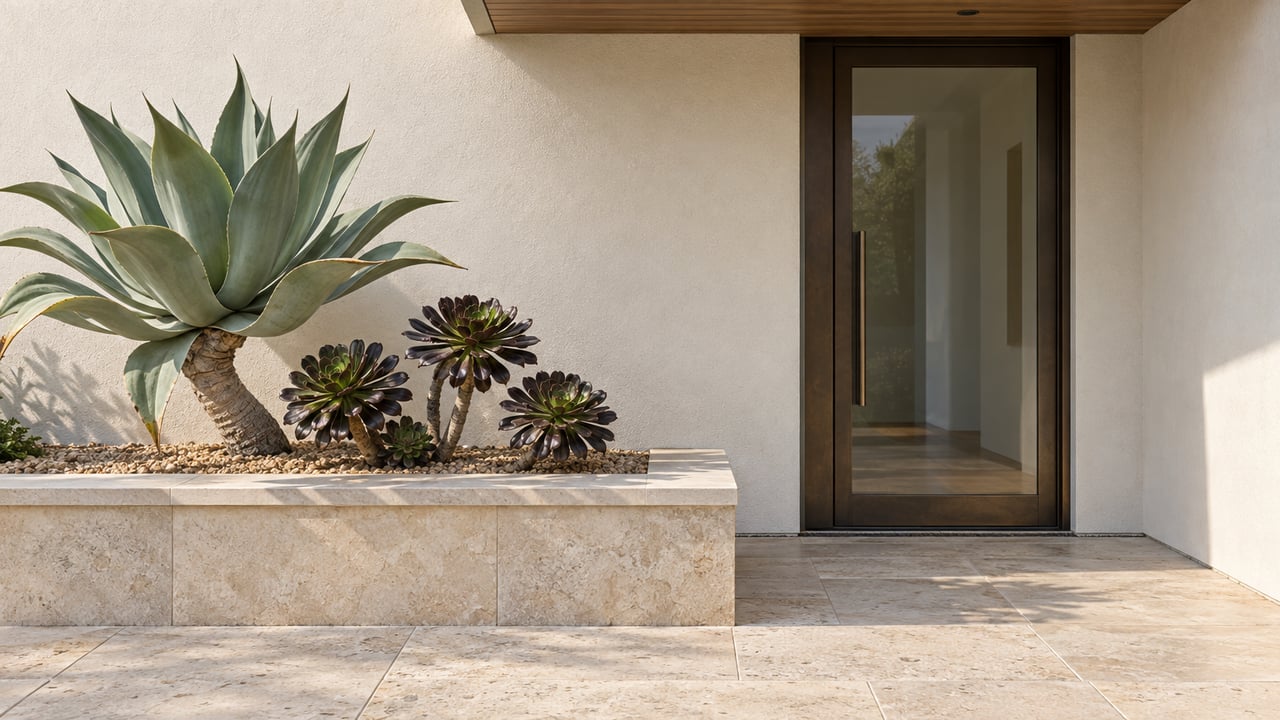 A sculptural agave and three aeoniums in a limestone planter beside a bronze-framed glass entry, beneath a cedar soffit and ivory stucco.