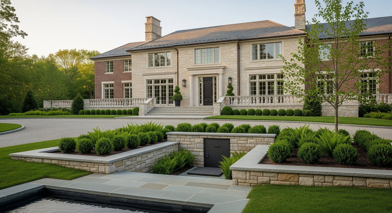 Large manor house with a central stone façade, brick wings, and landscaped sunken garden.