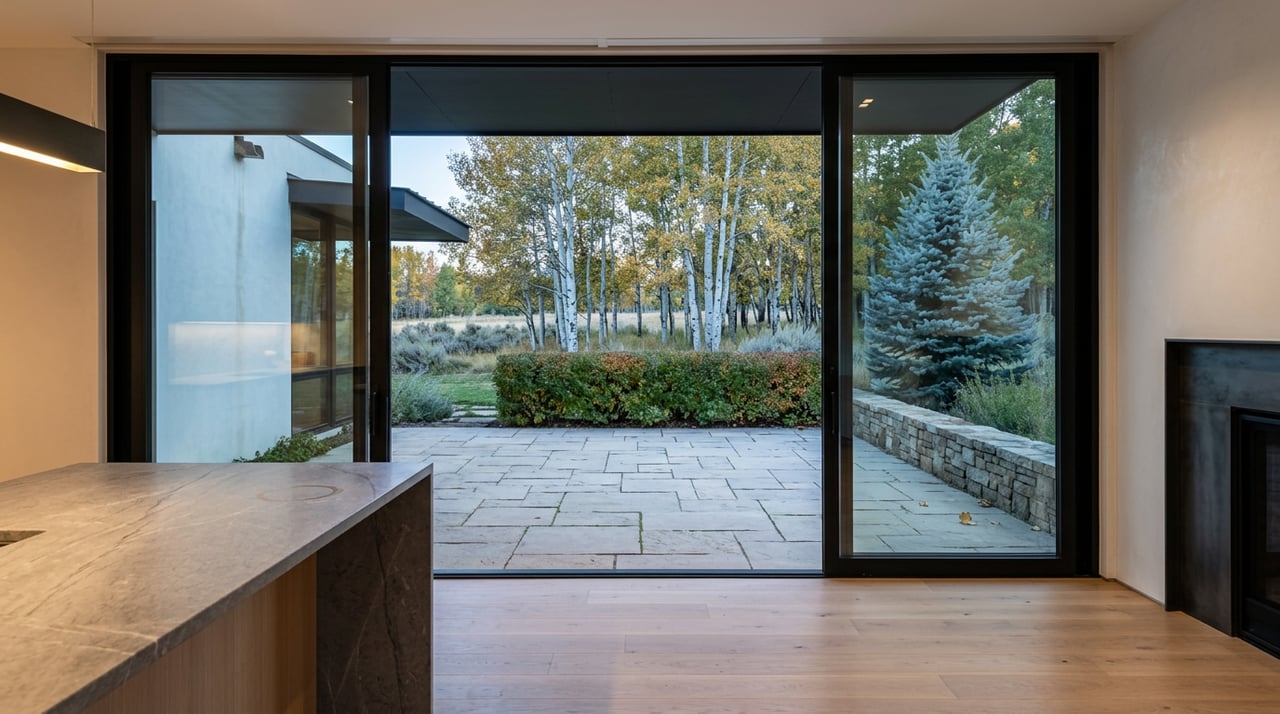 Great room with oak floors and stone island opening onto a limestone terrace, aspens and blue spruce beyond.