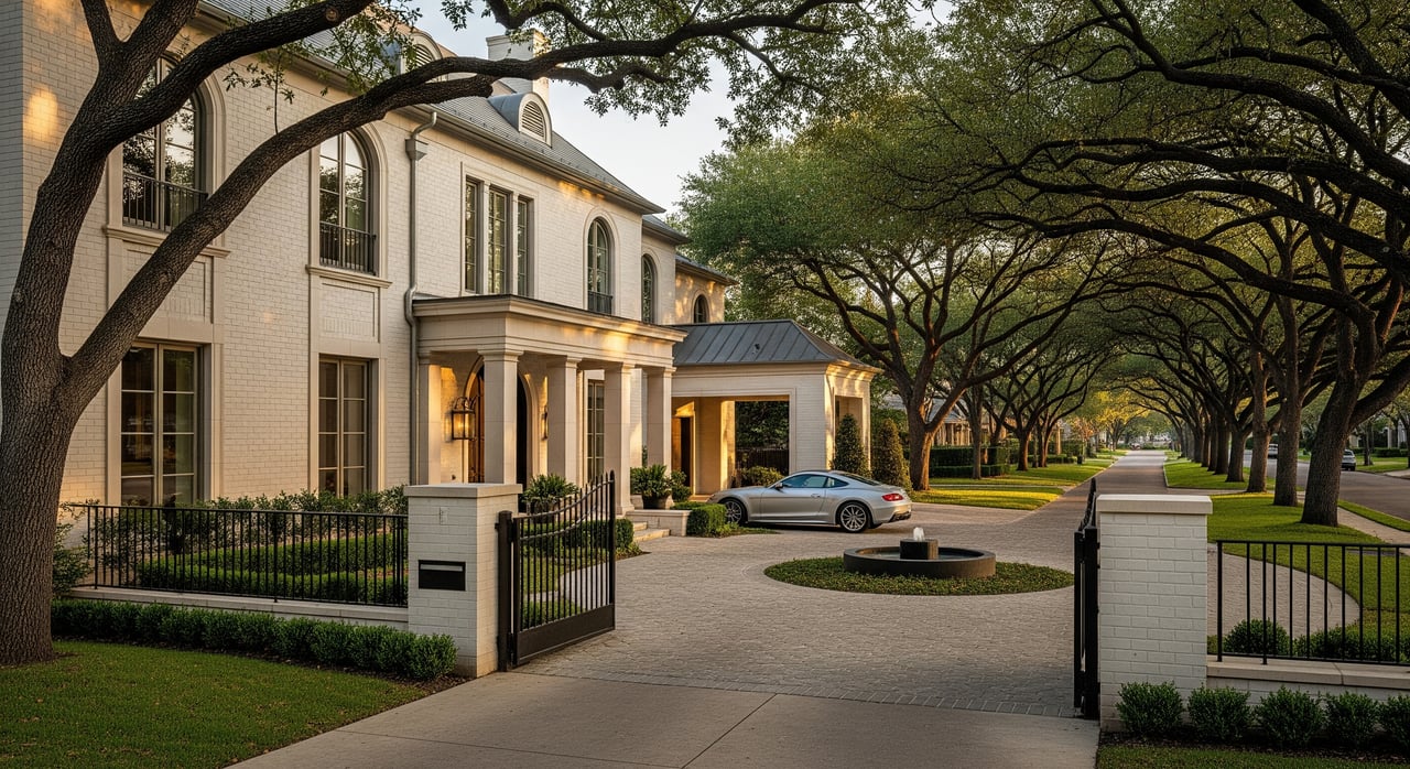 Cream-colored mansion and silver car behind iron gates, at the entrance to a tree-lined driveway.