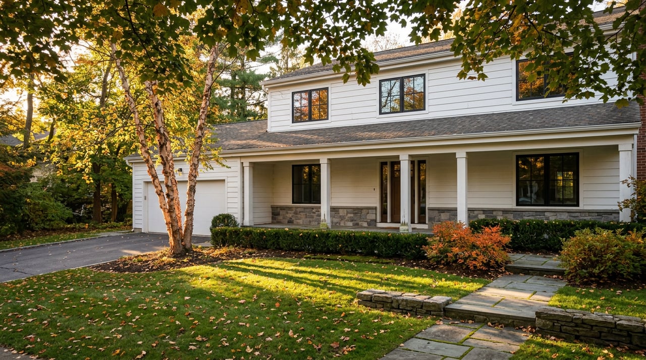 White clapboard home with a covered stone porch, birch tree, and scattered autumn leaves across the lawn.