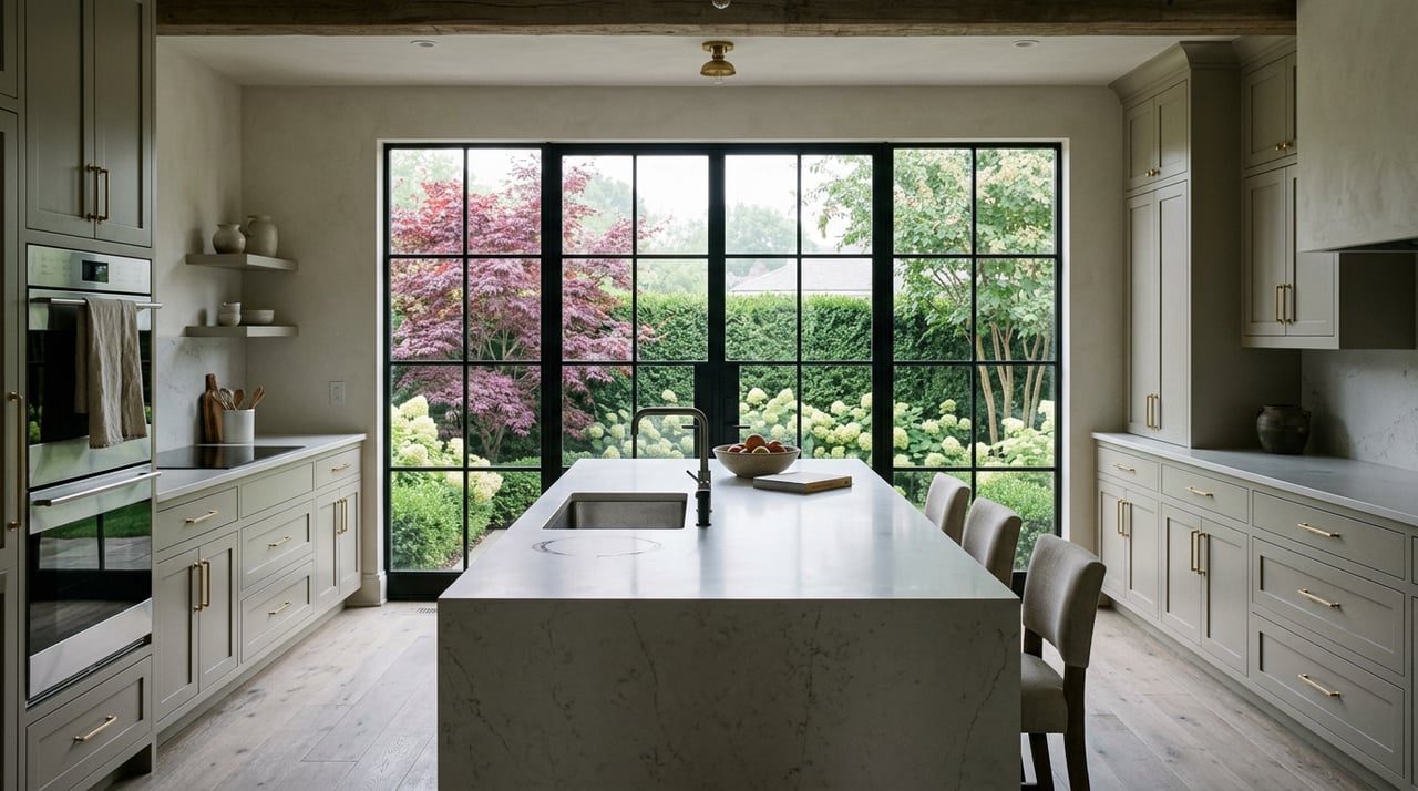 Greige kitchen with a quartz island facing divided-light windows, beyond which a red-purple Japanese maple rises over a clipped hedge.