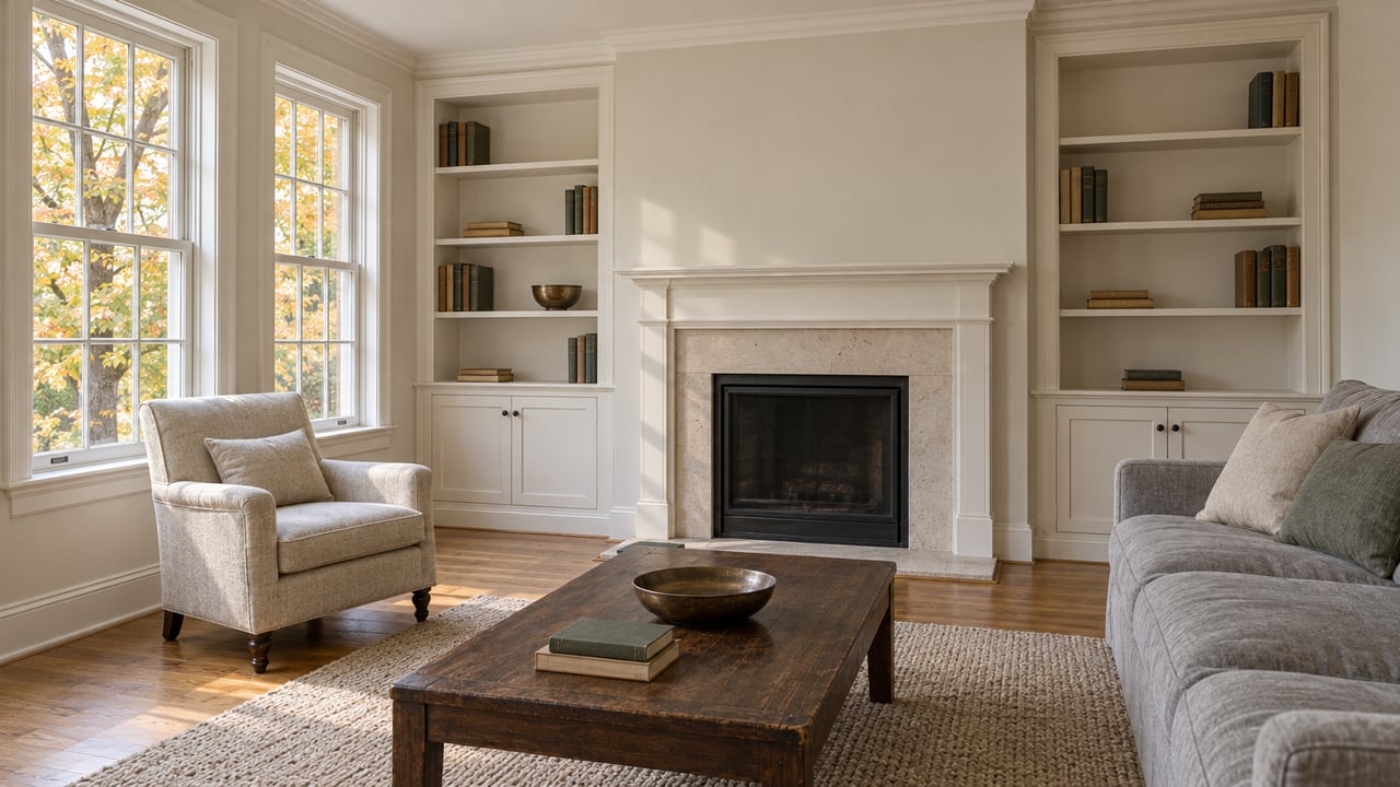 Bright sitting room with oak floors, a limestone fireplace, paired built-in shelves, and soft neutral seating beside multi-pane windows.