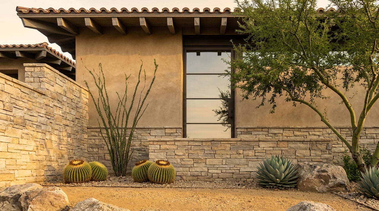 Stepped stucco-and-stone home with a steel-framed glass panel, timber eave, and desert plants.