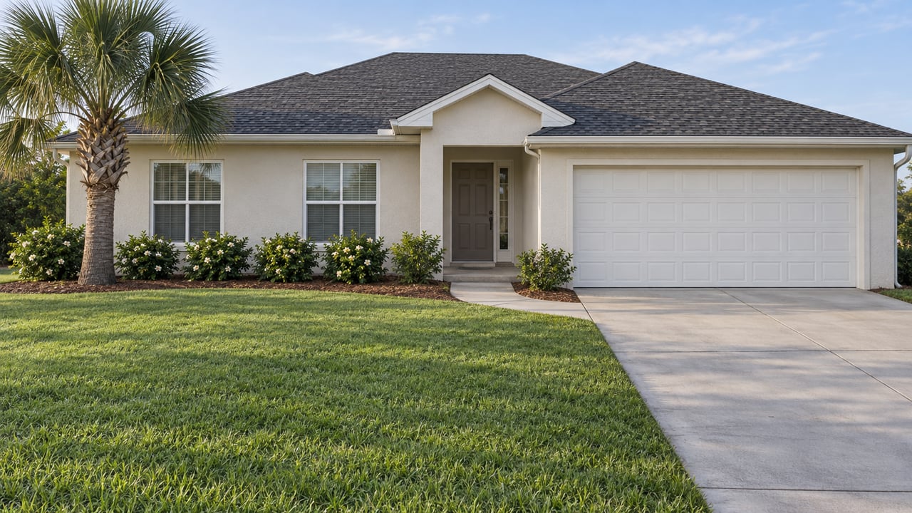 Single-story ivory stucco home with a broad shingle roof, deep green lawn, specimen palm and recessed front porch.