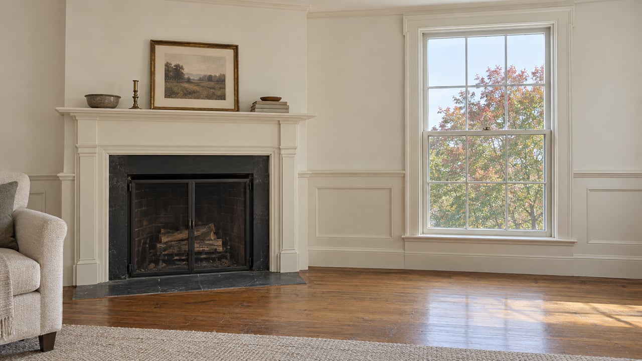 Condominium living room with a paneled fireplace, tall window, oak floors, and a maple crown beyond.