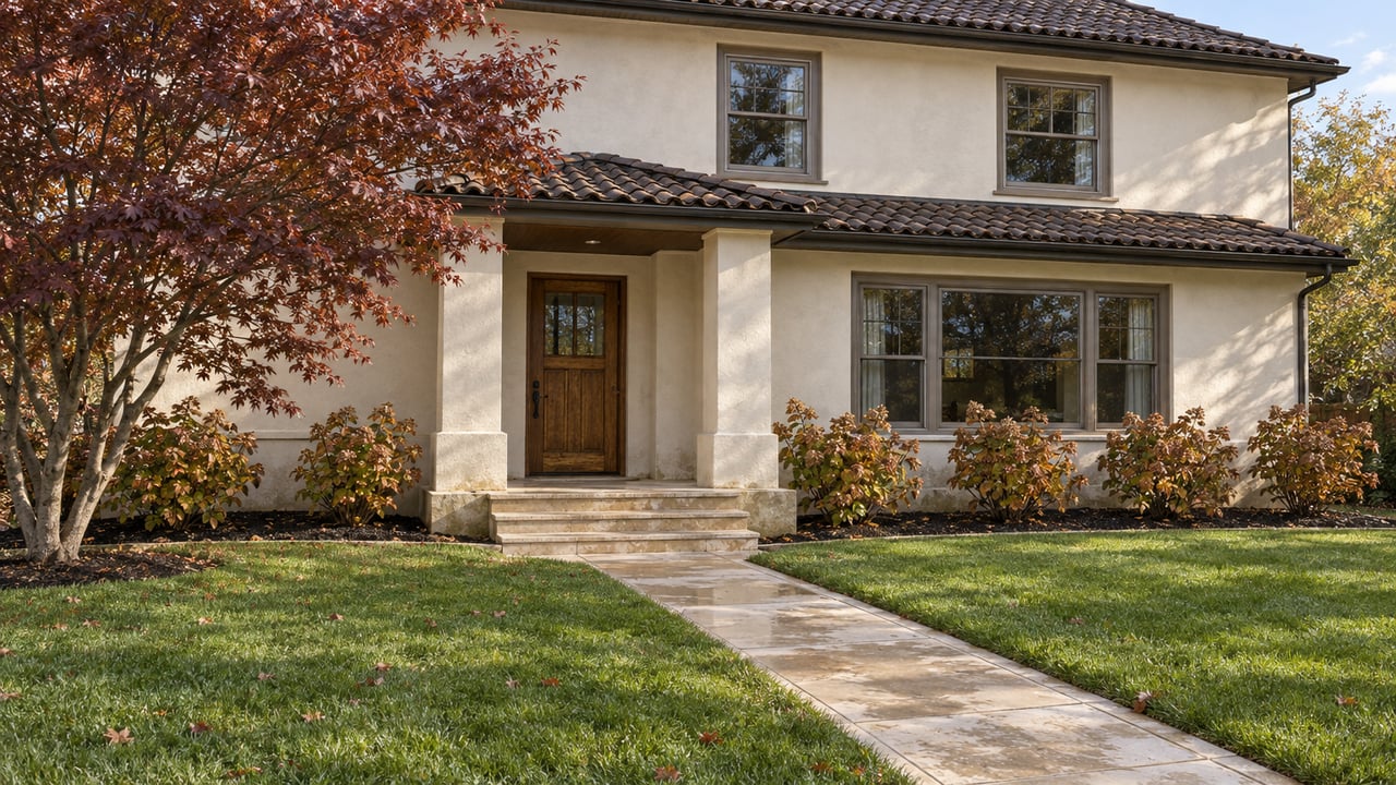 Two-story ivory stucco home with a dark tiled roof, limestone entry walk and mature autumn planting beyond a deep front lawn.