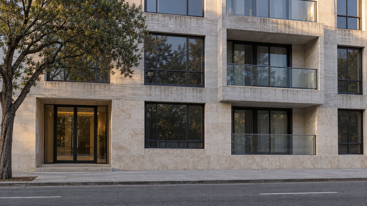 Four-story condominium facade with inset balconies, glass doors, limestone entrance, and a sidewalk oak tree.