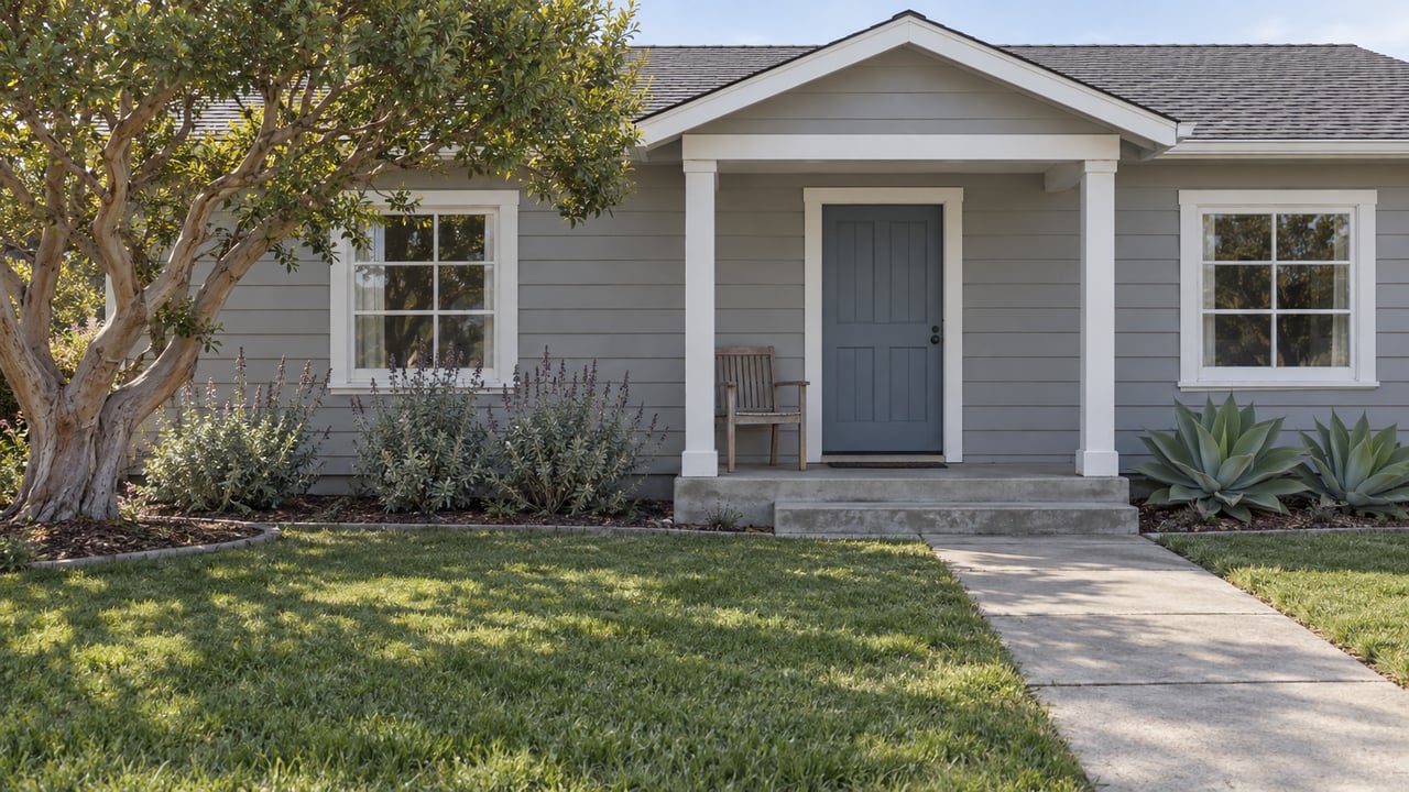 Gray lap-sided single-story home with white-trimmed windows, a blue entry door and a deep front garden in hazy afternoon light.