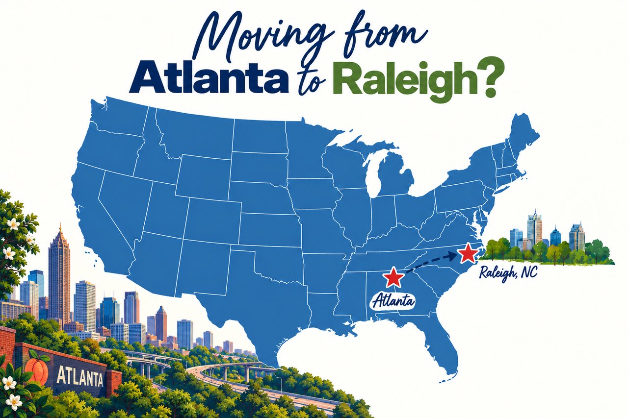 Map showing Atlanta connected to Apex and Holly Springs, its closest matches in the Triangle.