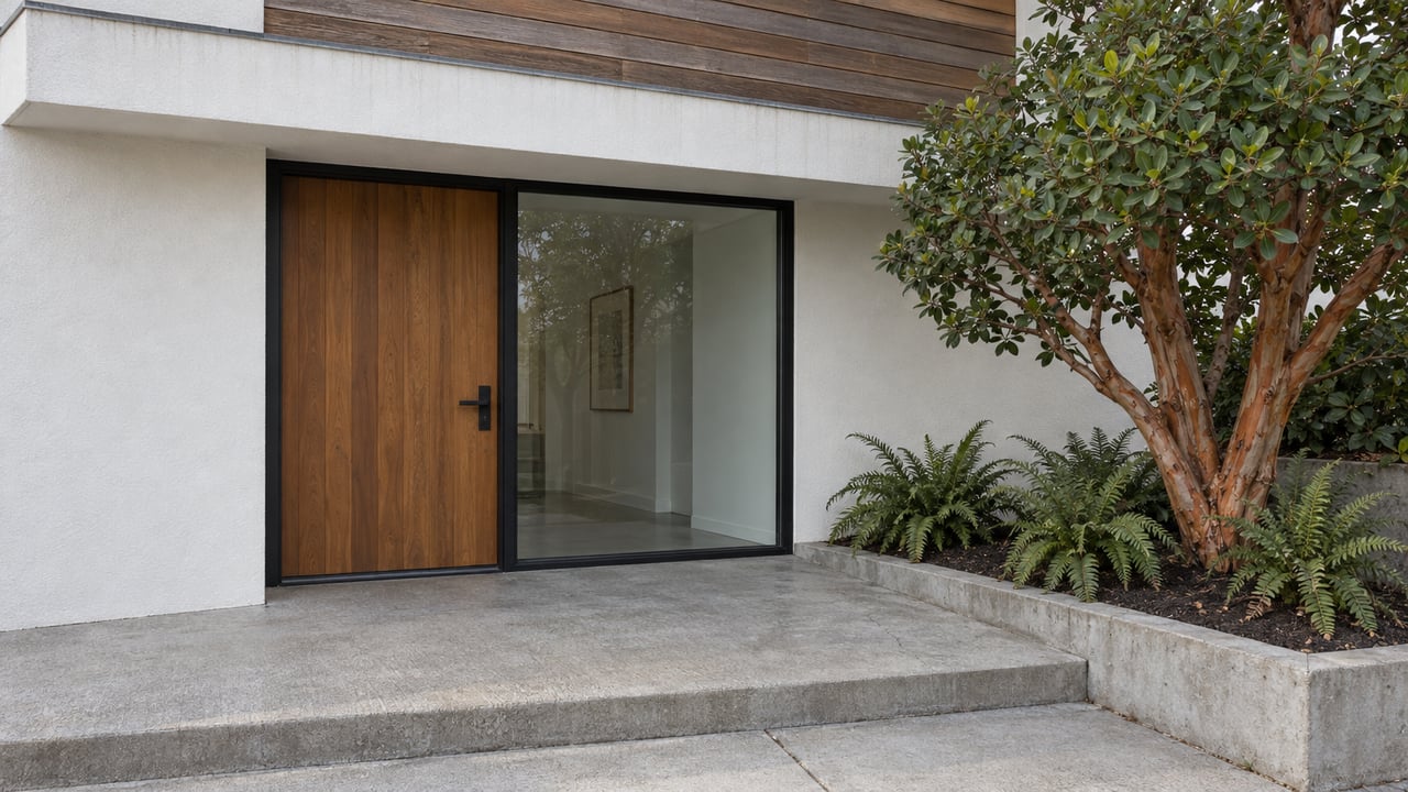 Contemporary home's recessed cedar entrance, white stucco cantilever and black-framed glazing beside a concrete terrace and strawberry tree.