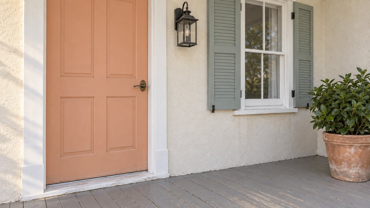 Peach-painted front door and shuttered window on an ivory stucco porch, with worn grey floorboards and a potted gardenia.