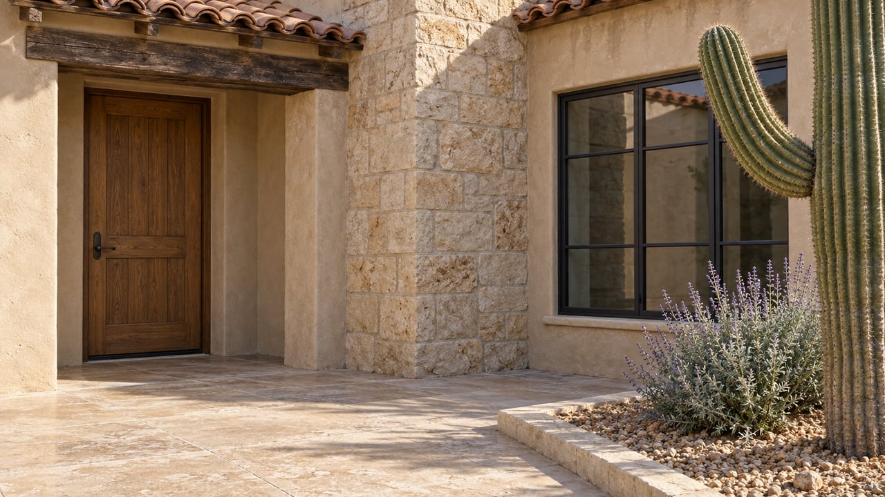 Southwestern home entry with a dark wood door, stone walls, and a tall saguaro cactus.
