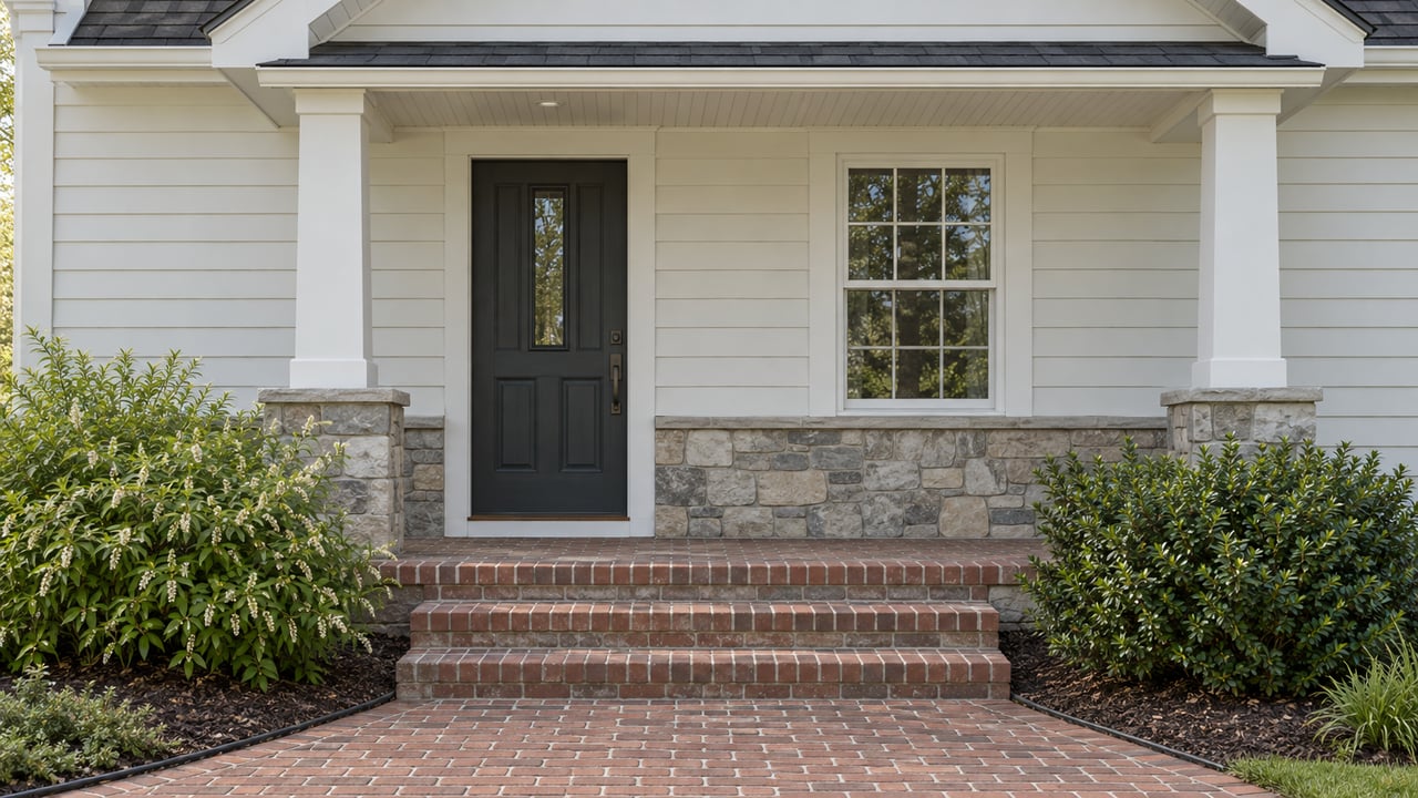 Off-white house entry with a dark paneled door, stone wainscoting, brick steps, and flanking shrubs.