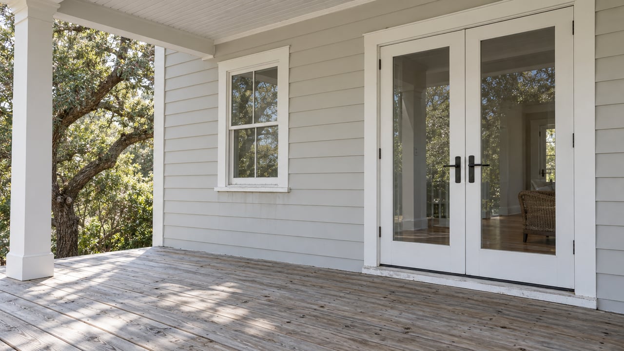 A light-gray home's covered porch with weathered timber decking, white glazed doors and a live oak canopy beyond the porch column.