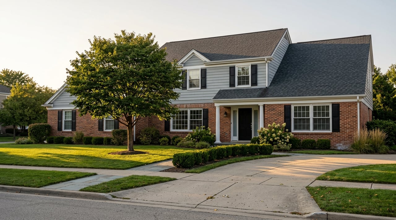 Two-story brick and gray-clapboard home with a covered entry, mature katsura tree, broad lawn, and curved driveway.