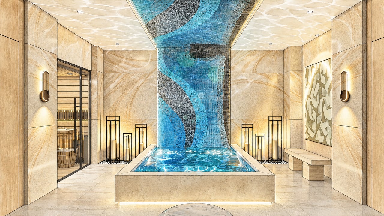 Indoor spa pool with a blue mosaic waterfall and warm stone finishes.