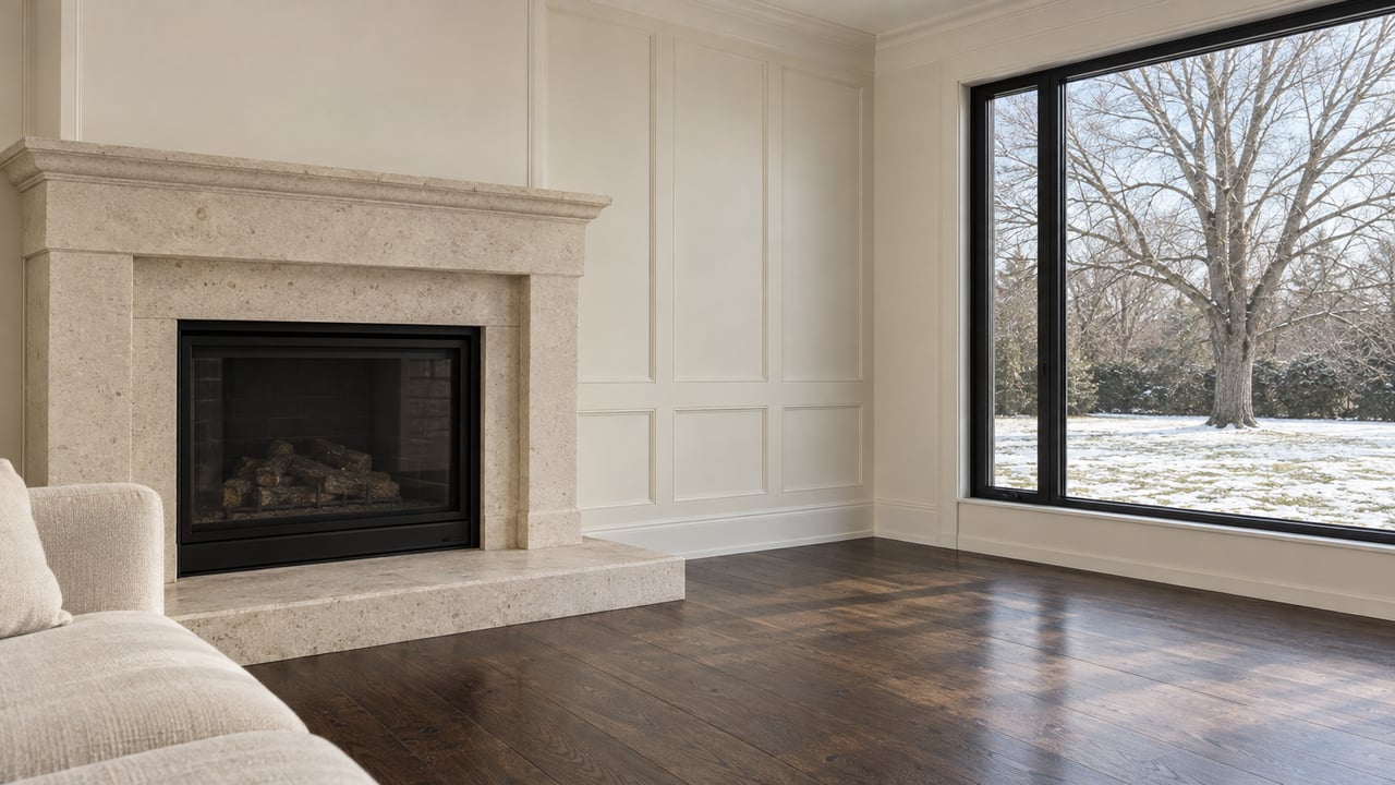 Limestone fireplace, white millwork and dark oak floors beside a closed black-framed window overlooking a snowy lawn and a bare sugar maple.