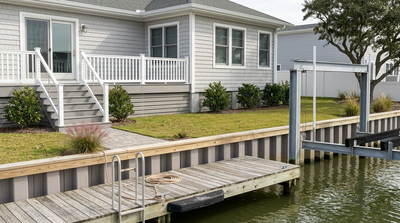 Backyard view of a canal bulkhead and dock with a boat lift.