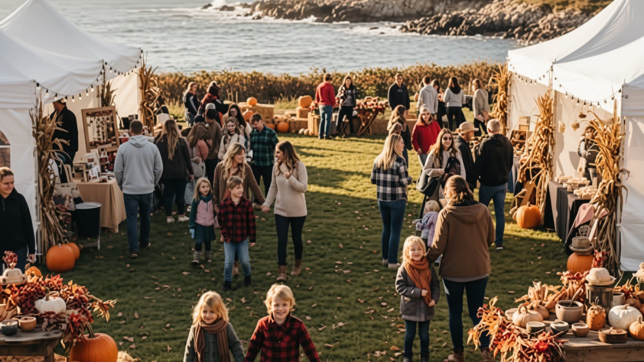 People at a fall festival by the ocean