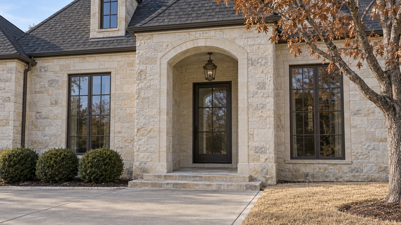 Limestone home with a recessed arched glass entry, bronze-framed windows, pale stone steps, and a dormant lawn beside a branching oak.