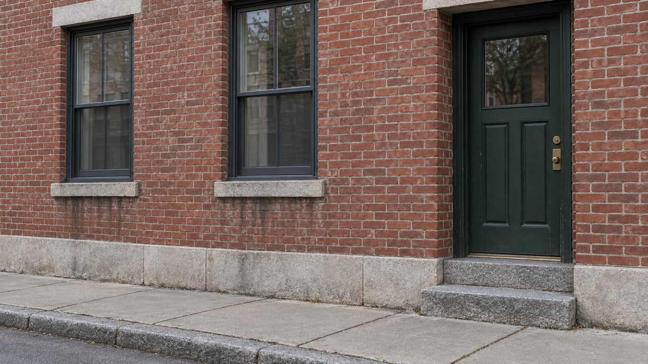Weathered red-brick facade with two tall windows and a recessed deep-green door above granite steps.