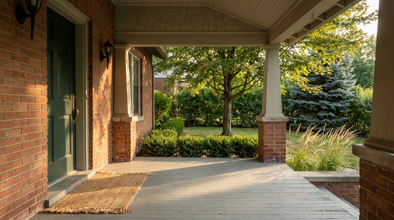 Brick bungalow porch with a forest-green door, jute mat, and mature trees shading the front lawn.