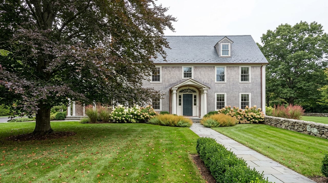 Fieldstone-and-shingle estate with a slate roof, framed by a purple beech, curved bluestone walk, and clipped hedge.