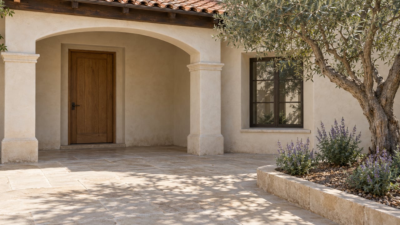 Mediterranean-style home entrance with an arched porch, wooden door, stone paving, and olive tree.