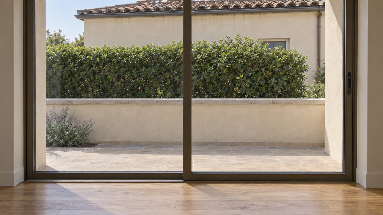 Glazed doors reveal a small terrace, clipped hedge, and nearby stucco wall with clay tiles.