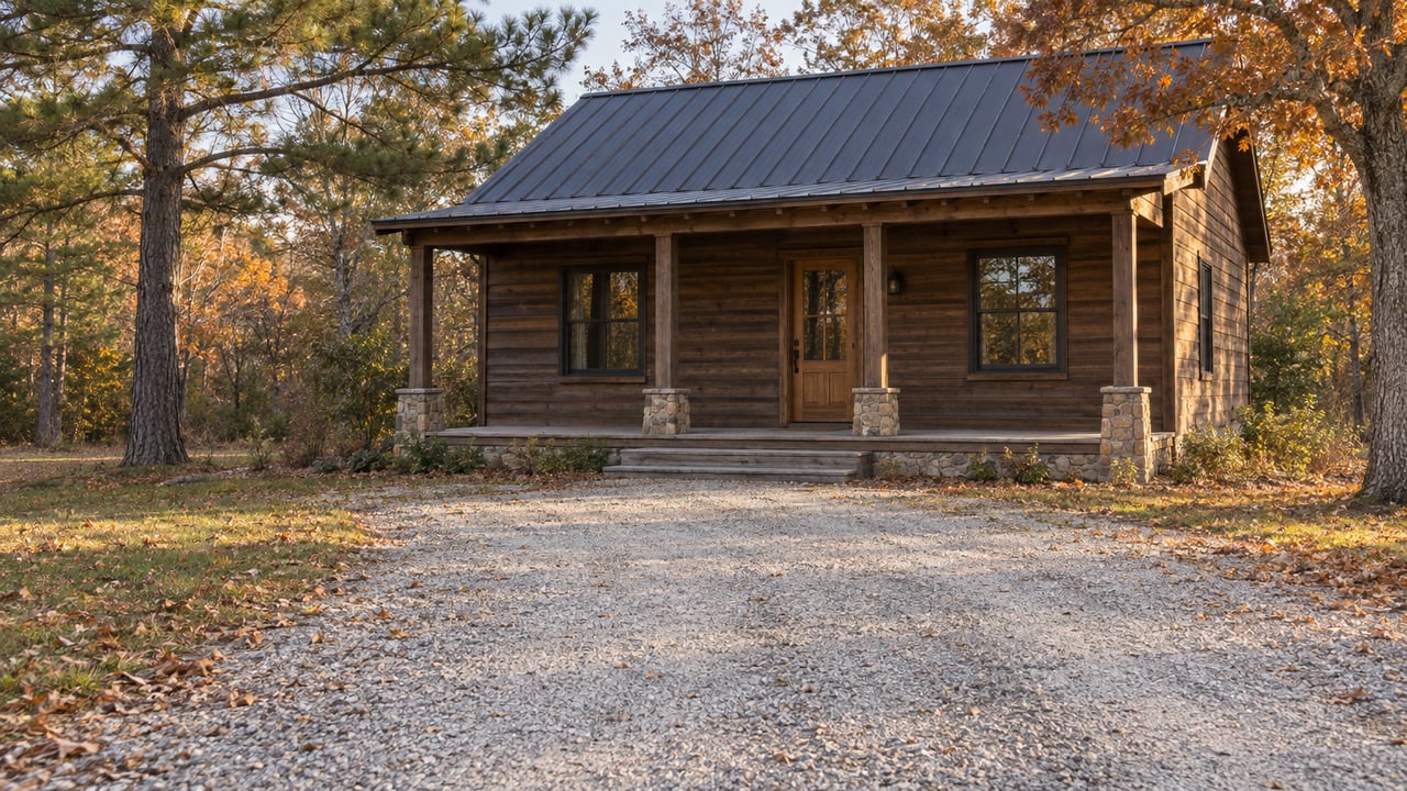 Timber cabin with a gravel approach, stone porch piers, and copper-leaved oak trees.
