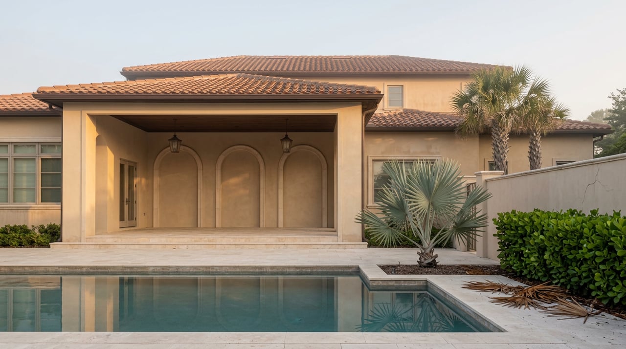Mediterranean home's stucco rear facade with arched loggia, terracotta roof, and palms beyond a still pool.