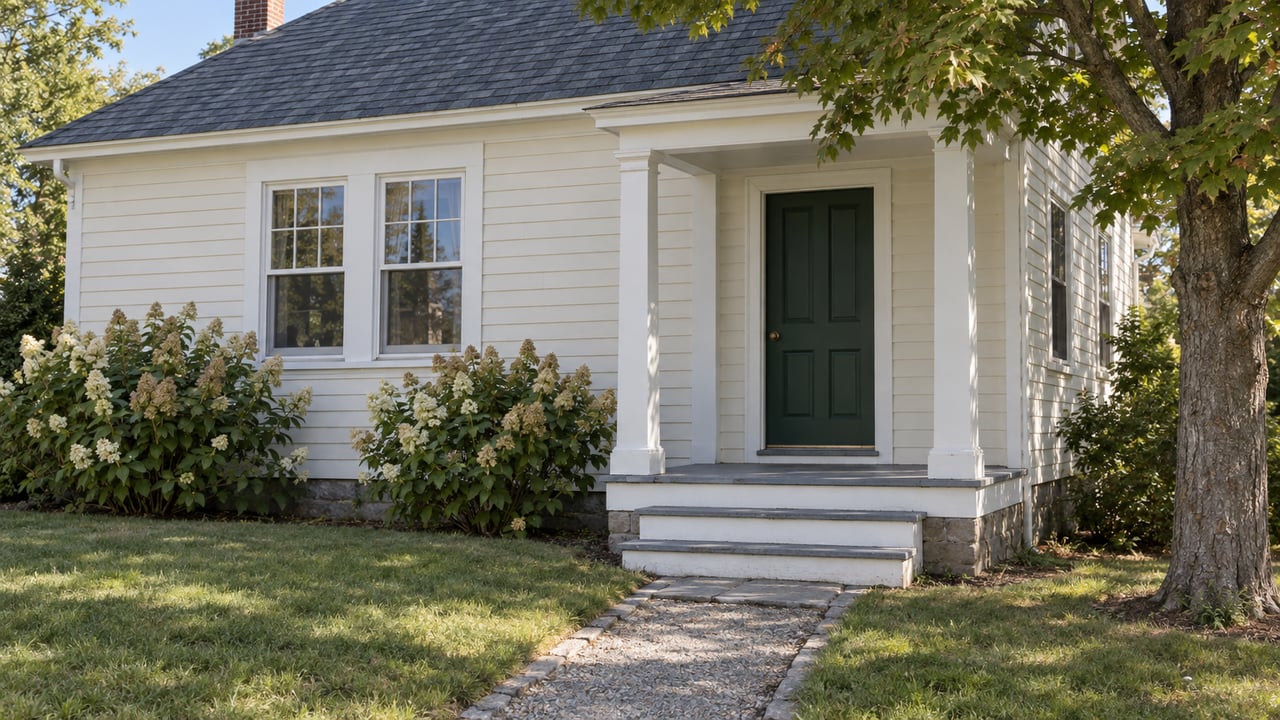 Cream clapboard house with a recessed green door, covered porch, stone path, and hydrangeas.