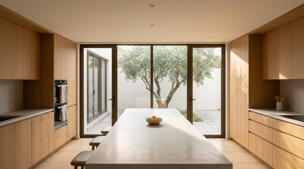 Open-plan kitchen with a pale stone island, oak cabinetry, and an olive tree visible through floor-to-ceiling windows.