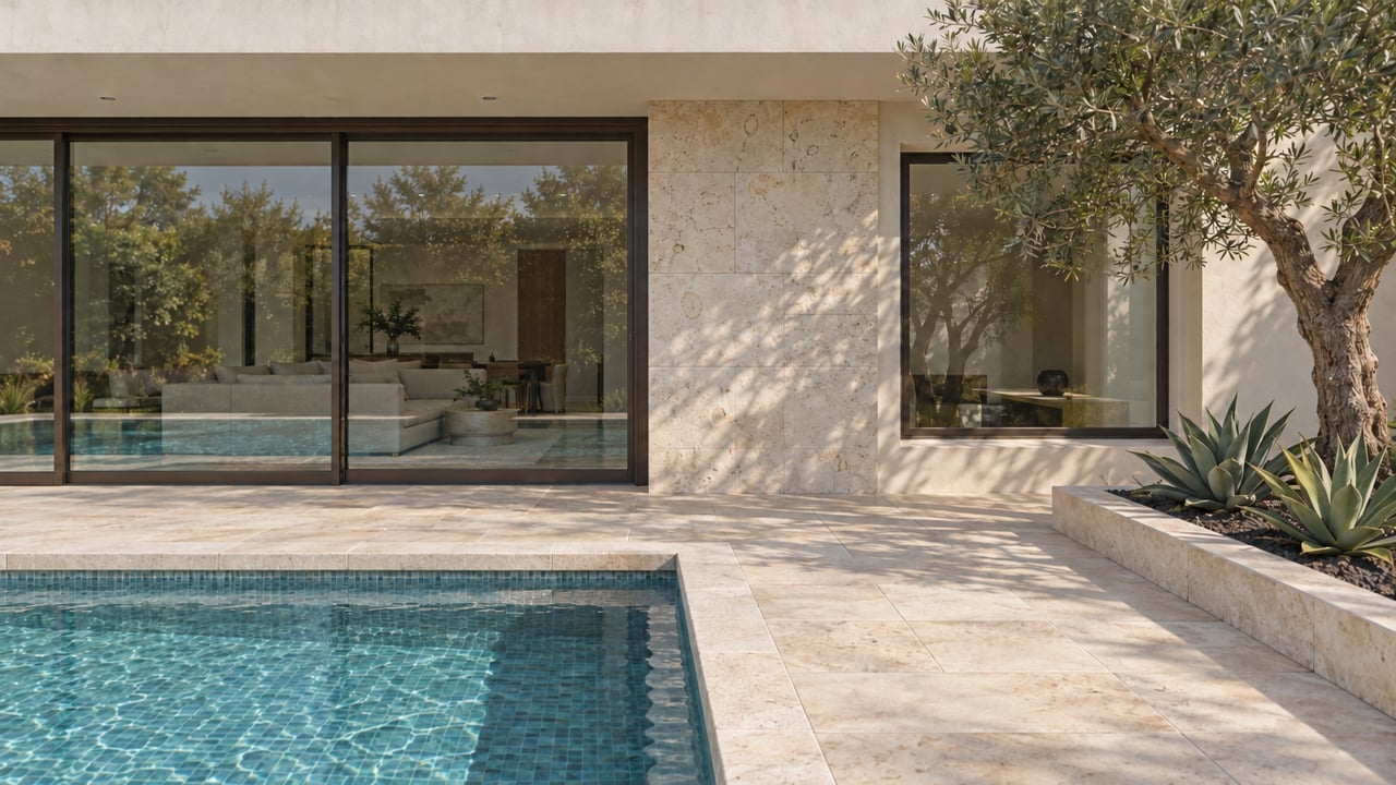 Limestone pool terrace beside a luxury home with closed bronze-framed glass doors and a mature olive tree in a raised planting bed.