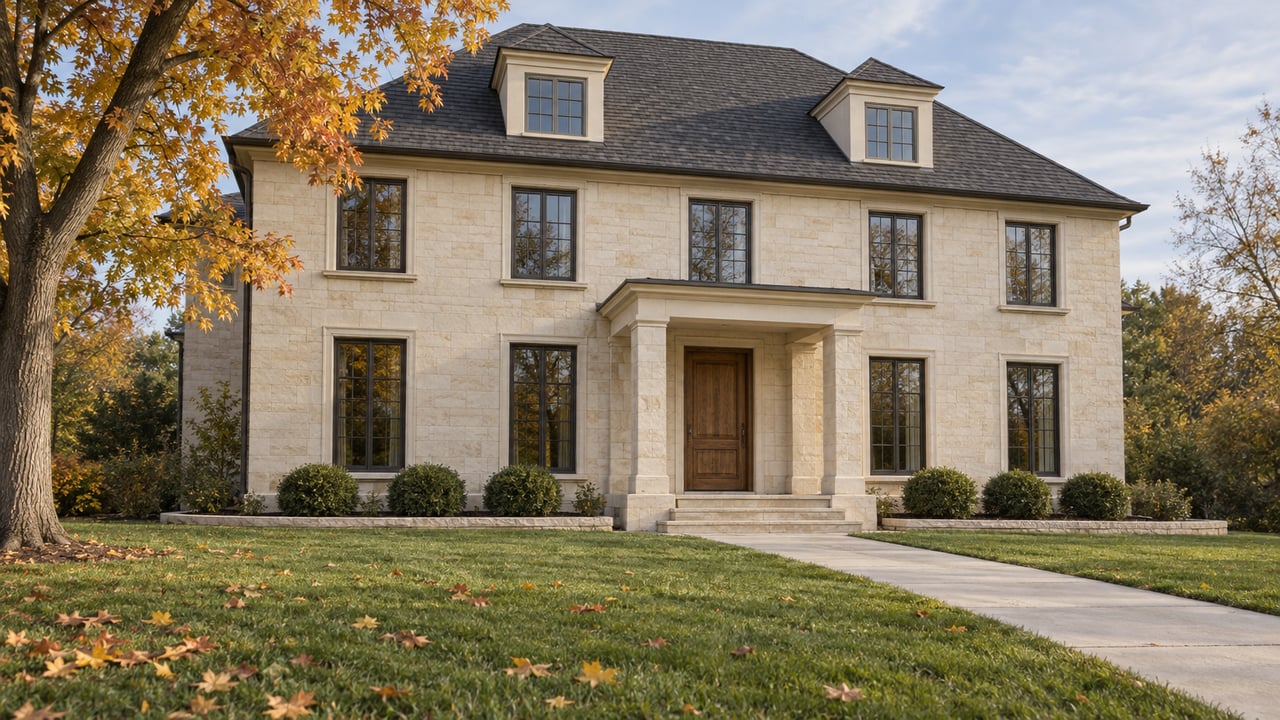 Limestone-faced house with a steep charcoal roof, dark-framed windows, and an autumn sugar maple beside a deep front lawn.