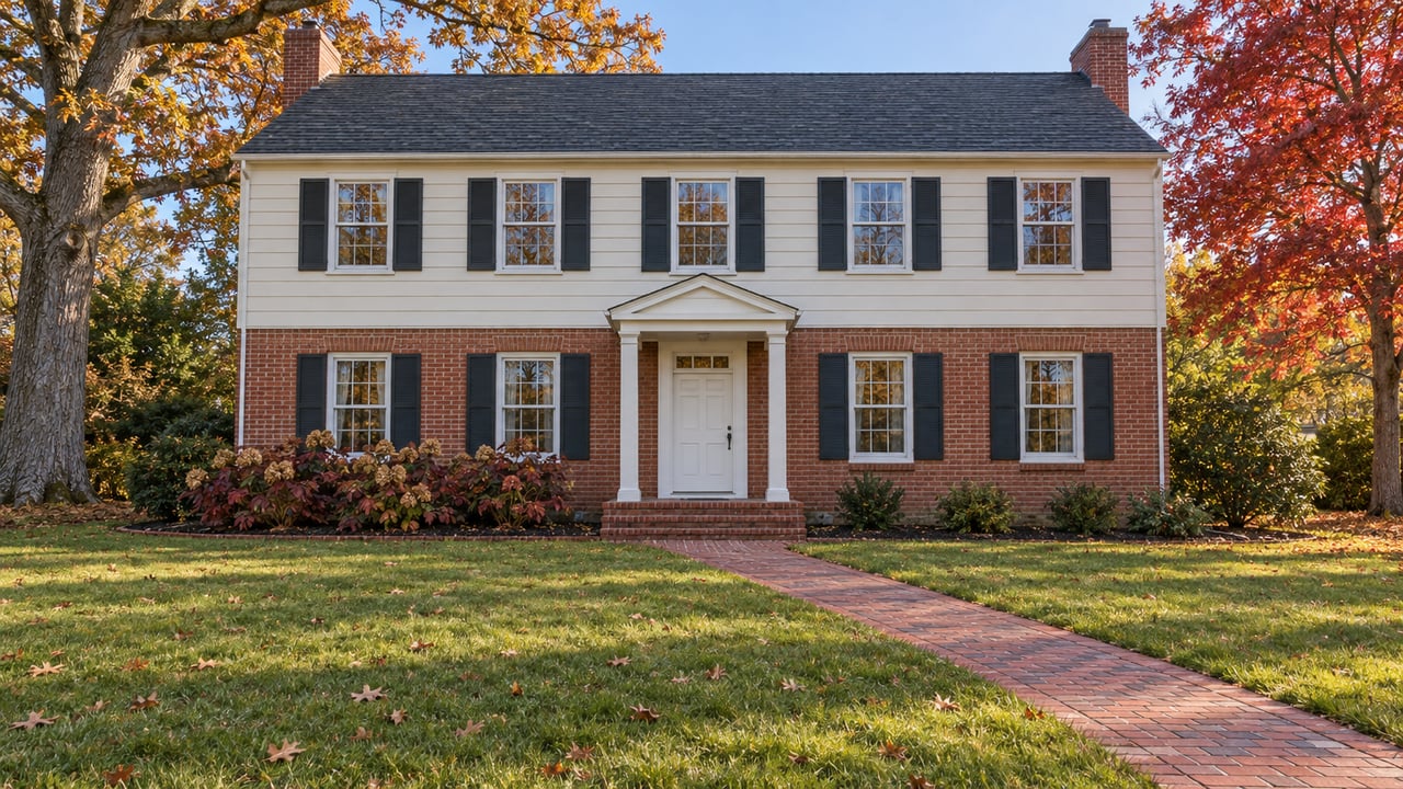 Morning light on a brick-and-cream-sided home beyond a deep autumn lawn and a red brick walk.