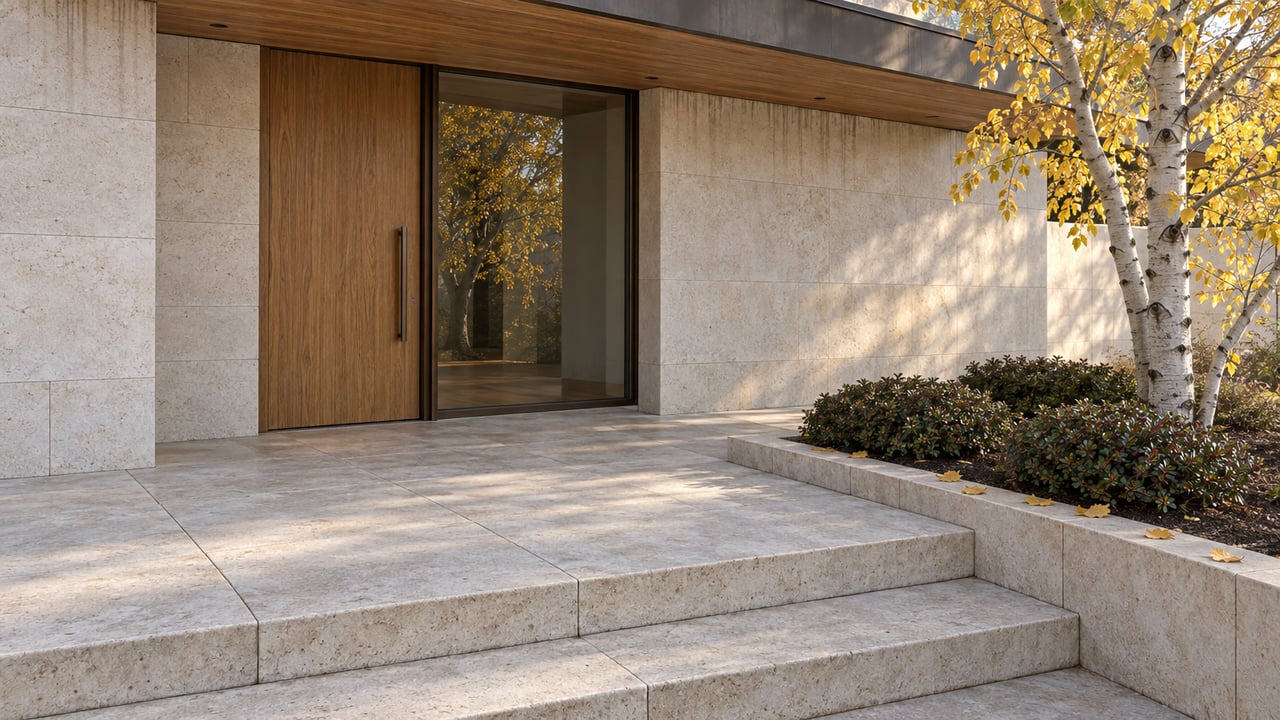 An autumn entry terrace with limestone steps, a recessed oak door, bronze-framed glass and a white-barked tree with yellow leaves.