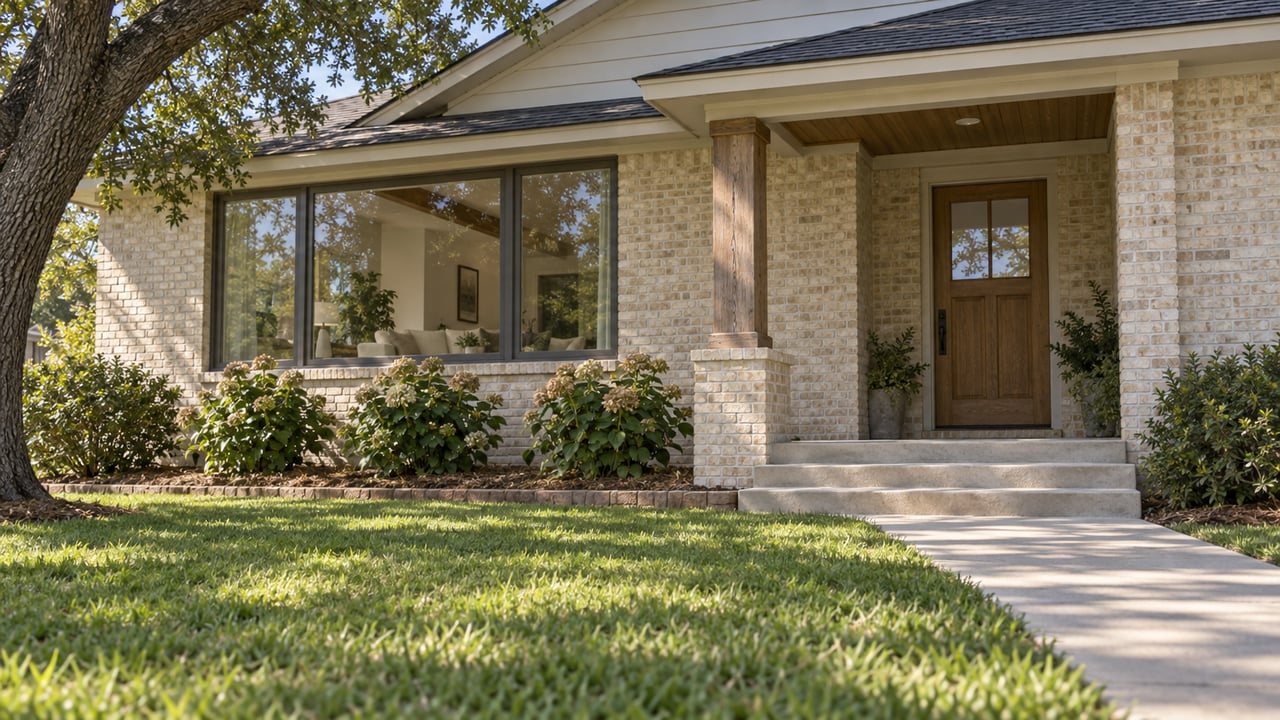 Cream-brick home with a shaded oak front door, broad concrete approach, established lawn and an oak tree beside the porch.