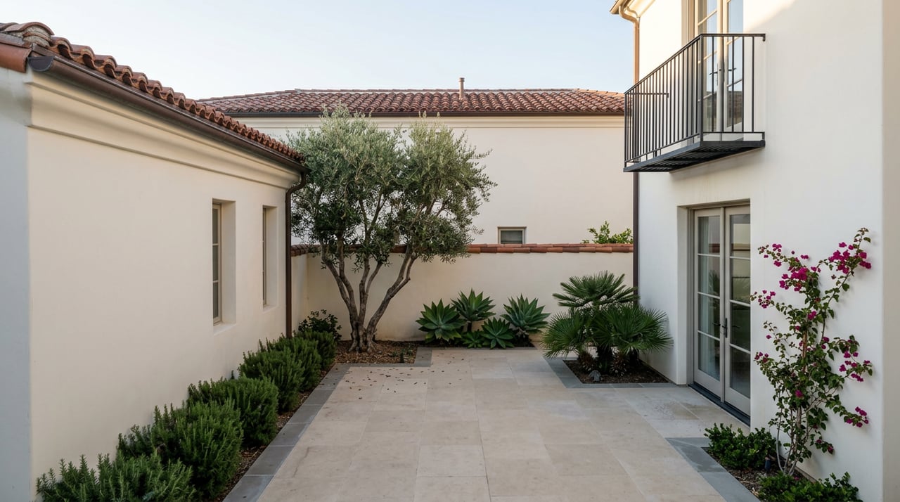 Mediterranean courtyard with limestone paving, an olive tree, stucco walls, clay tiles, and a black iron balcony.