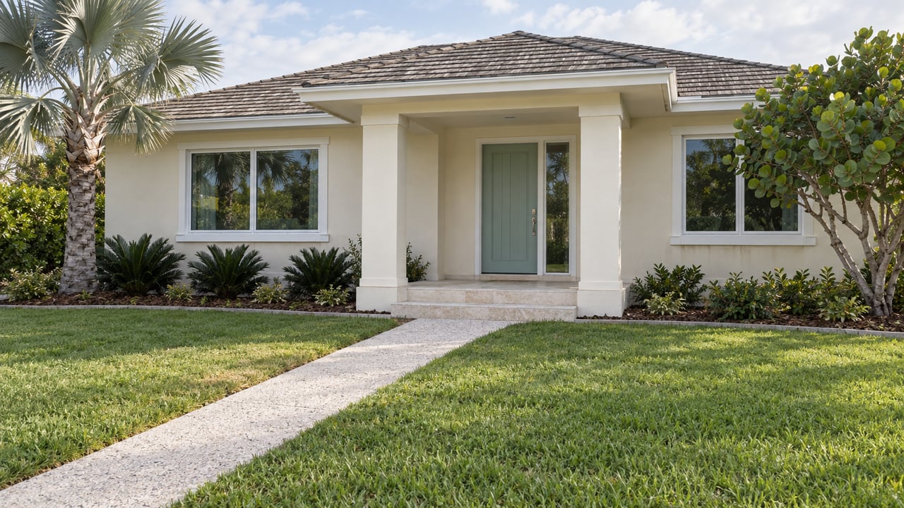 Cream-stucco home with a seafoam entry door, shell-aggregate walkway, deep front lawn and sculptural subtropical planting.