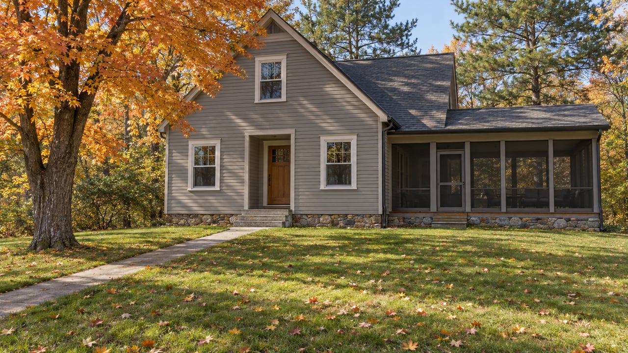 Gray wood-sided gabled home with a screened porch beyond a broad autumn lawn and an amber sugar maple.